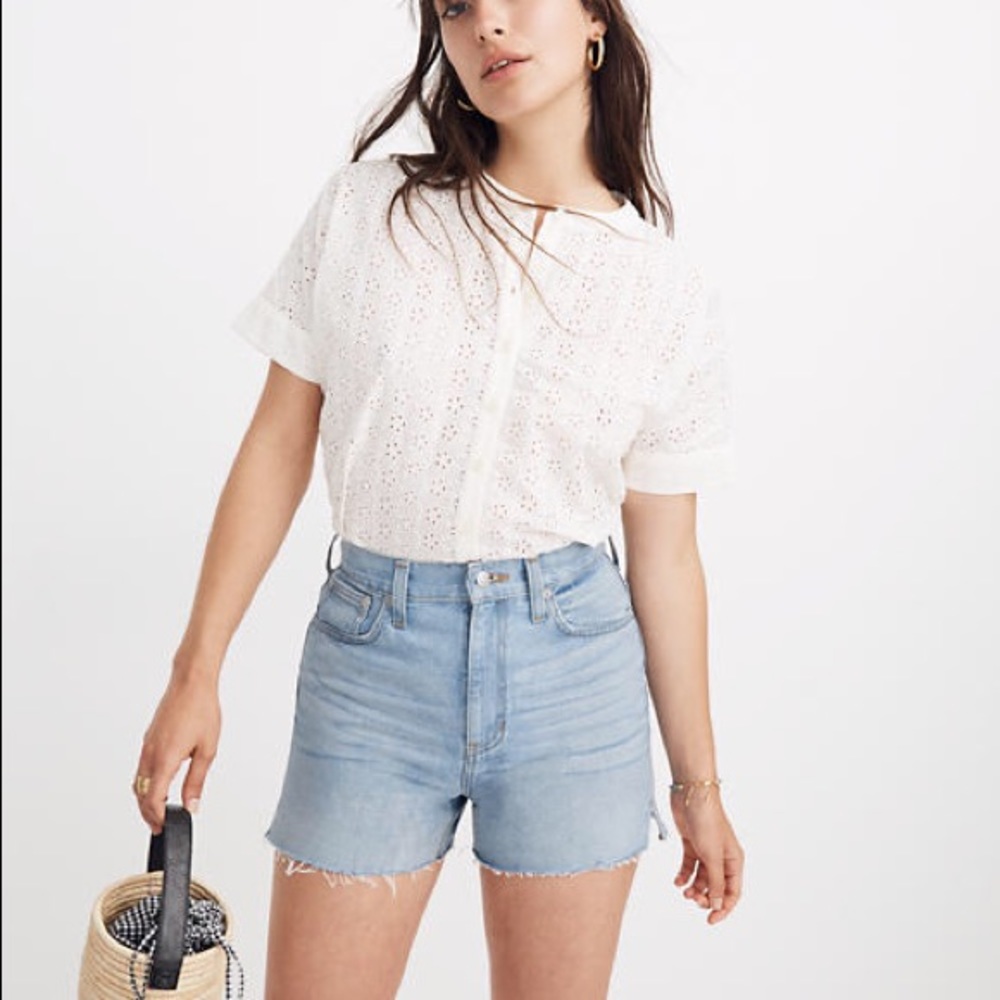 Madewell White Eyelet Short-Sleeve Button Front Top